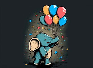cartoon character baby elephant holding colorful flying balloons Generative AI