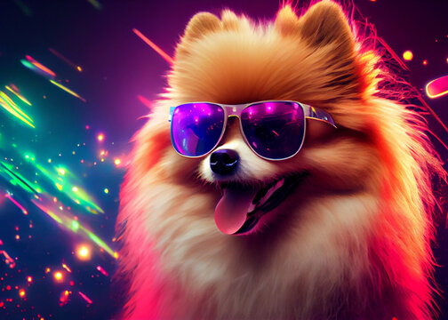 cool male dog pomeranian german spitz with glasses, AI Generated