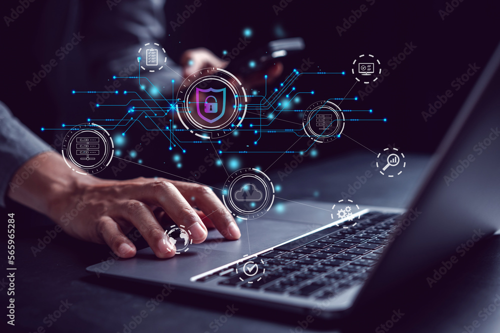 Poster Cybersecurity and privacy concepts to protect data. businessman with internet network security technology. Businessman locking personal data on computer with virtual screen interfaces. cyber security.