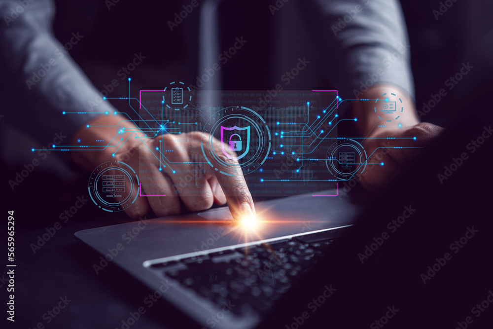 Poster Cybersecurity and privacy concepts to protect data. businessman with internet network security technology. Businessman locking personal data on computer with virtual screen interfaces. cyber security.