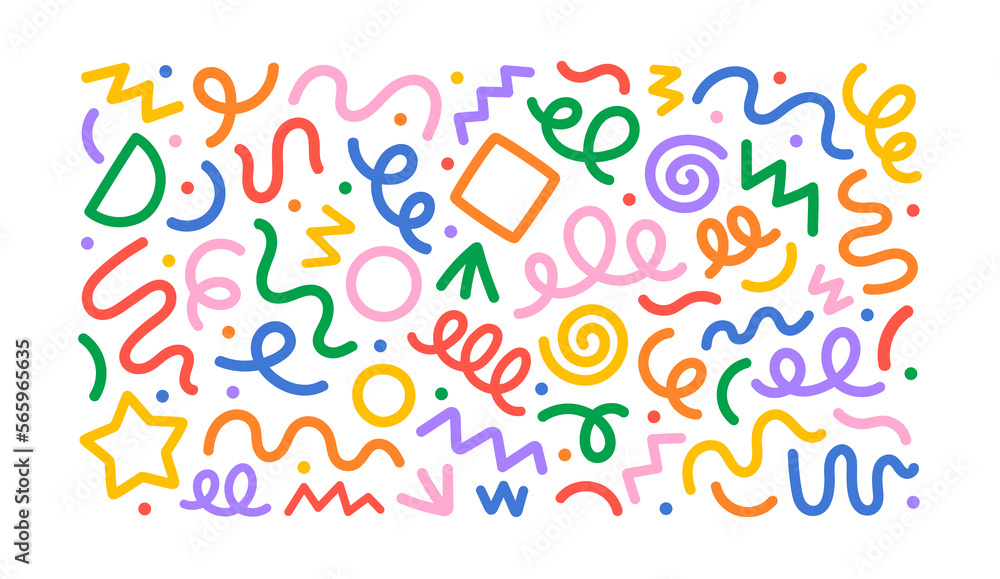 Poster fun colorful line doodle shape set. creative minimalist style art symbol collection for children or 