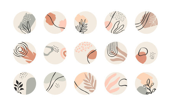 Minimalist abstract nature art icon collection. Pastel color dot template bundle for social media story, web highlight or blog. Modern hand drawn plant leaf and tropical circle shape decoration set.	