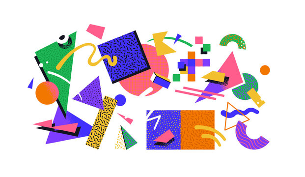 Colorful 90s style geometric shape set. Trendy flat cartoon  collection with retro decoration. Nostalgic zig zag lines, triangle  and 80s fashion texture.