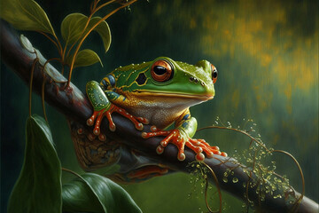 cute Frog on a branch, close up Generative AI