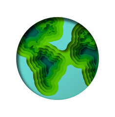 Colorful paper cut earth planet map on isolated background. Green 3d papercut globe sphere illustration with america and africa continent for environment care or international concept.