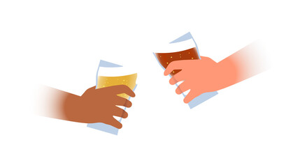 Two diverse friend hands making celebration toast with cold beer glass together on isolated background. Casual adult friends at bar or pub concept.