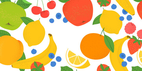 Tropical summer fruit clipart illustration collection. Isolated fruits ingredient cartoon set. Fresh organic apple, orange, strawberry, banana and more.	