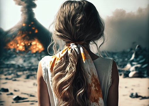 a girl watching town burning down during war time, Generative Ai