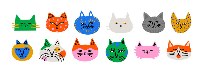 Fototapeta Funny cat animal head cartoon set in colorful flat illustration style. Cute kitten pet collection, diverse domestic cats.	
 obraz