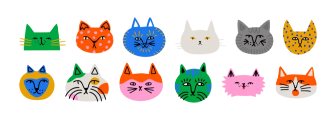 Foto op Plexiglas Funny cat animal head cartoon set in colorful flat illustration style. Cute kitten pet collection, diverse domestic cats.   © Dedraw Studio