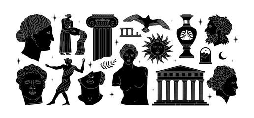 Set of ancient greek statue, classic vintage monument shapes in black and white. Greece culture antique illustration collection. Historical flat cartoon drawing bundle.	
