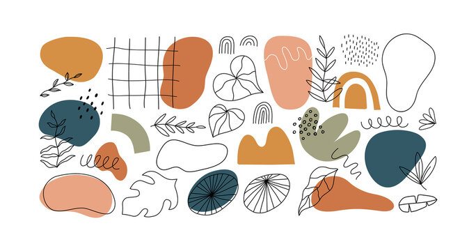 Minimalist abstract nature art shapes collection. Pastel color doodle bundle for fashion design, summer season or natural concept. Modern fine line plant leaf and tropical shape decoration set.	
