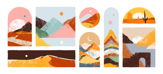 Big set of abstract mountain landscape collection. Trendy hand drawn mural art backgrounds of diverse travel scenery painting. Nature environment, coast biome, multicolor hills, desert dunes.