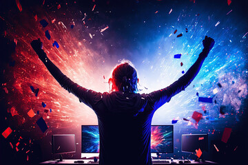 Gamer celebrating victory. Winning an eSports game. generative ai. Electronic sports player rejoices victory in e-sports tournament