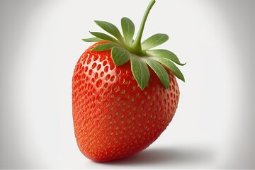  a close up of a strawberry with a green stem on a white background with a shadow of the fruit on the side of the image.  generative ai