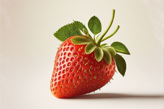  a single strawberry with a green stem on a white background with a shadow of the fruit on the side of the frame and the top of the image.  generative ai