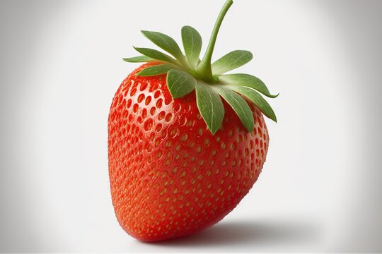  a close up of a strawberry with a green stem on a white background with a shadow of the fruit on the side of the image.  generative ai