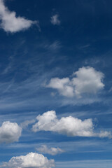 Blue sky with clouds. Spring or summer background. 
White clouds on the blue sky have a complex pattern.
