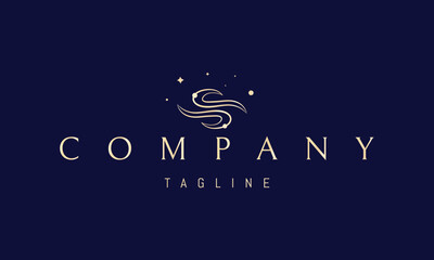 Vector golden logo on which an abstract image of cosmic waves against the background of stars.