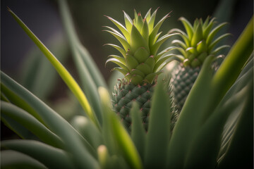 Fototapeta premium close up of pineapple plant, baby pineapple, green leaves of pineapple tree, growing pineapple fruit