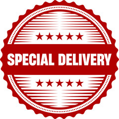 Special delivery grunge rubber stamp. Vintage old red color, Vector element for your product