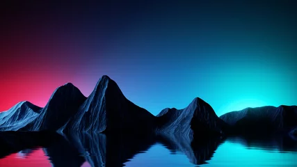 Rolgordijnen 3d render, Panoramic landscape abstract background. Seascape with mountains under the pink blue night sky, spiritual wallpaper © wacomka