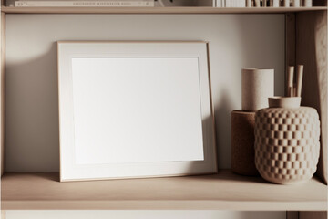 Mock up horizontal frame close up in home interior background, stands on the shelf