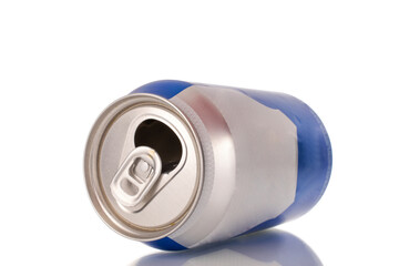 One empty metal can, macro, isolated on white background.