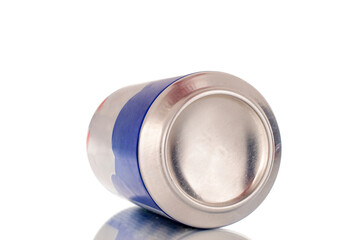 One empty metal can, macro, isolated on white background.