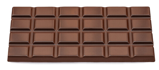 Dark Milk chocolate bar isolated on white background. Flat lay, top view. Sweet chocolate food concept.