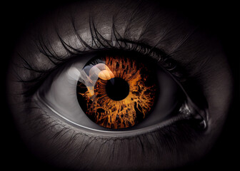 Naklejka premium Close up view of beautiful eye with long eyelashes, smooth healthy skin. AI Generated