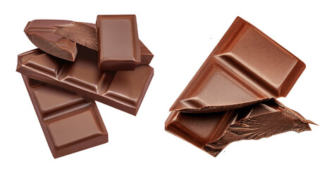Dark chocolate chunks isolated on white background. Collection. Broken Chocolate pieces closeup.