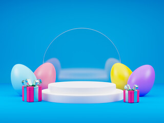Colorful 3D rendering podium display with easter eggs.
Empty showcase for  product presentation.