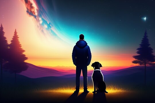 man and a dog standing and looking at stars in the night sky, digital art style, Generative Ai