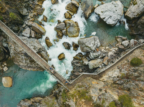 Aerial View of the &Ouml;tztaler Ache river near the Village of &Ouml;tz in the &Ouml;tztal Valley in Tyrol, Austria
