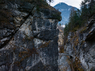 Aerial View of a Chapel in a Canyon near the village of Imst, Tyrol, Austria