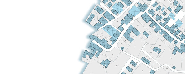 Imaginary cadastral map with buildings, land parcel and vacant plot - land records and property registry web design banner concept with copy space and space for text