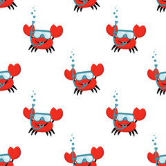 Seamless cartoon funny smiling crab with swimming mask and bubbles