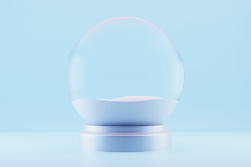 Souvenir Empty Transparent Snow Globe with snow cover, soft focus, 3d rendering