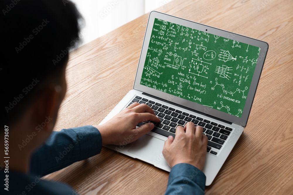 Poster mathematic equations and modish formula on computer screen showing concept of science and education