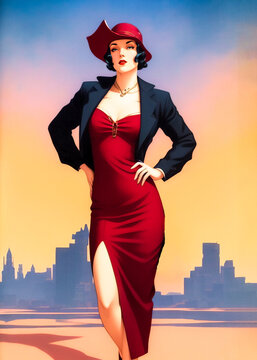 Sensuous 1940's woman in dress on the city street. Illustration, generative ai