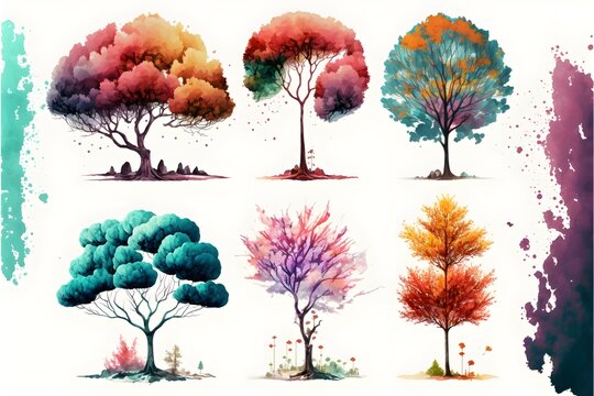 Set of watercolor trees. Hand painting. Watercolor. Illustration for greeting cards, invitations, and other printing projects. generative ai art isolated on white background.
