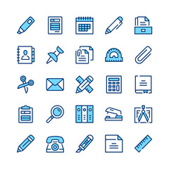 Stationery line icons. Set of stationery icons. Blue color. Vector line icons set