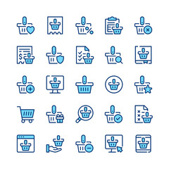 Shopping basket line icons. Set of shopping basket icons. Blue color. Vector line icons set