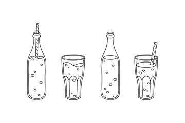 Set of cute hand drawn soft soda drink bottles and glasses. Vector line illustration. Collection of graphic elements for packaging, print, card, fabric, label, wallpaper, textile, wrapping paper, gift