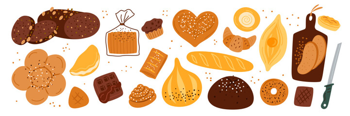 Cartoon bread products. Various fresh pastries, butter buns, croissants and baguette loaves, delicious cupcakes, cookies and pie. Wheat, rye and whole grain, garish vector isolated set
