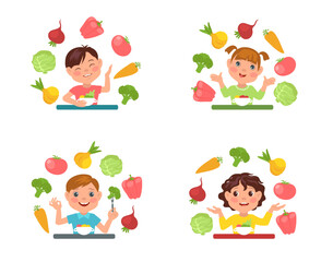 Cute kids eat salad. Children with plates, healthy natural foods, vegetables and fruits, little boys and girls at tables. Dairy vegetarian meal splendid vector cartoon flat concept