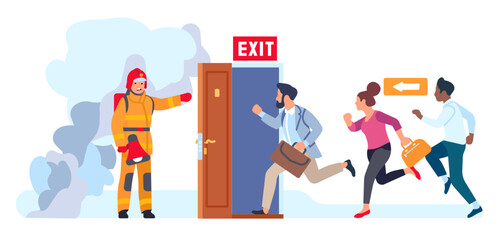 Firefighter with megaphone announces fire alarm. Fireman supervises evacuation of people from building. Men and women leaving house through emergency door. Running persons. Vector concept