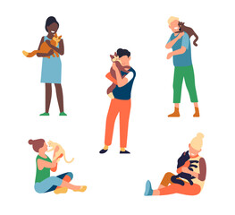 Happy men and women holding cute cats. People loves pets. Domestic animals, purebred kitty, girl and guy owner, hugs with feline characters, positive emotions. Vector cartoon flat set