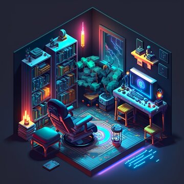 Futuristic Gaming Room in 32-Bit style